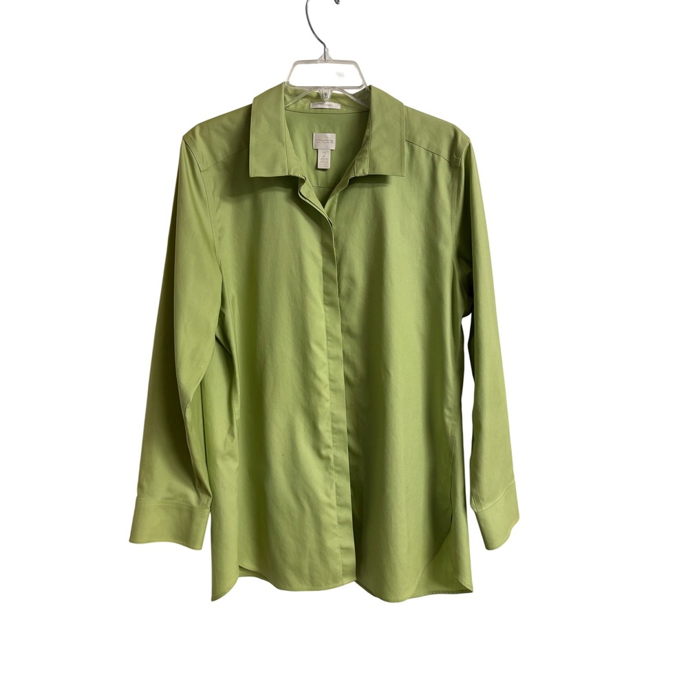 Chicos No Iron Button Down Shirt Lime Green Long Sleeve Cotton Blouse Size 2 L